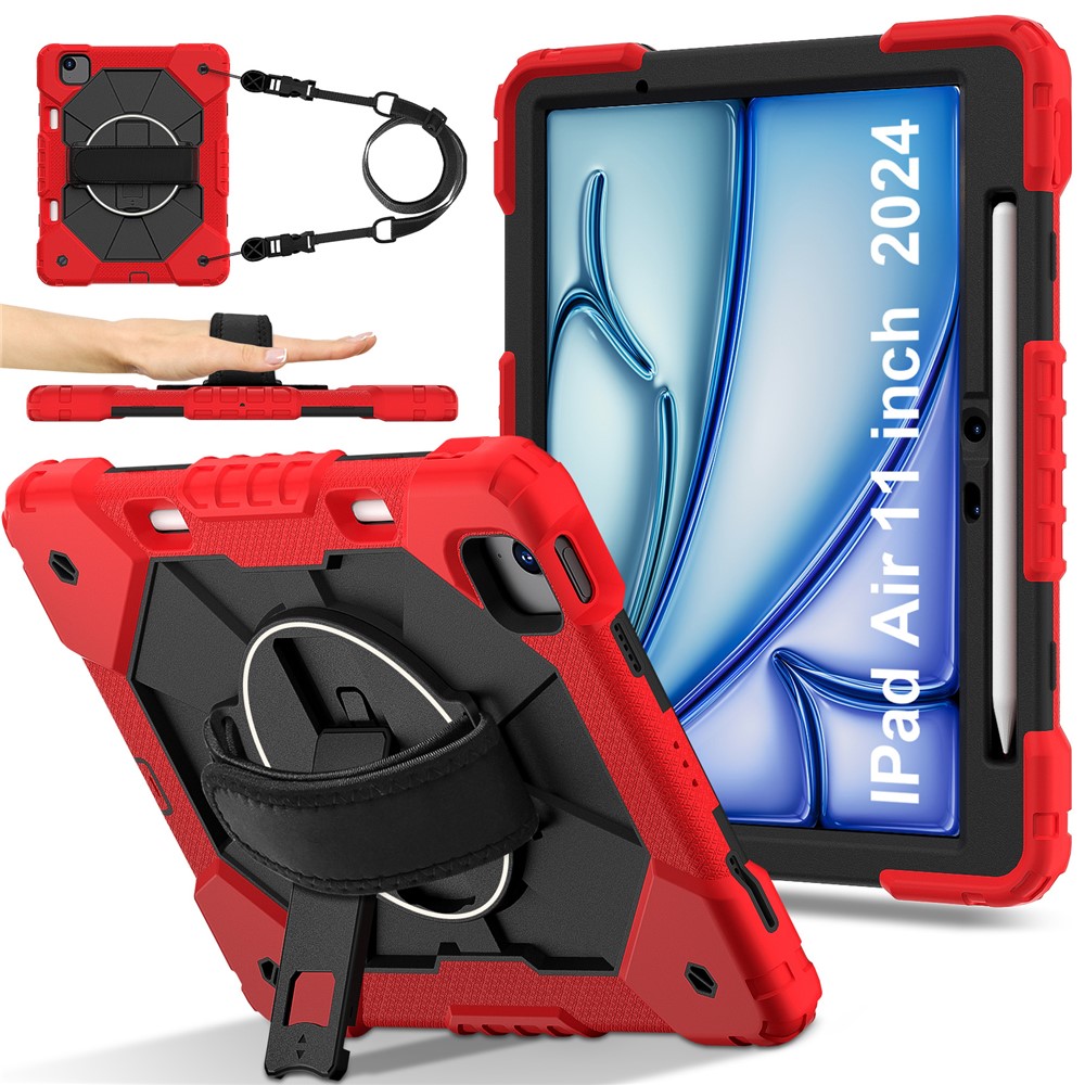 For iPad Air 11 (2025) / (2024) Case Silicone+PC Kickstand Tablet Cover with Shoulder Strap - Red / Black