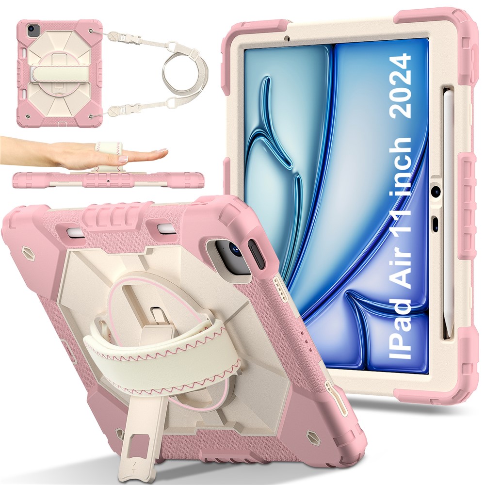 For iPad Air 11 (2025) / (2024) Case Silicone+PC Kickstand Tablet Cover with Shoulder Strap - Rose Gold