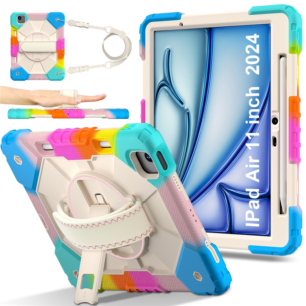 For iPad Air 11 (2025) / (2024) Case Silicone+PC Kickstand Tablet Cover with Shoulder Strap - Colorful / Blue