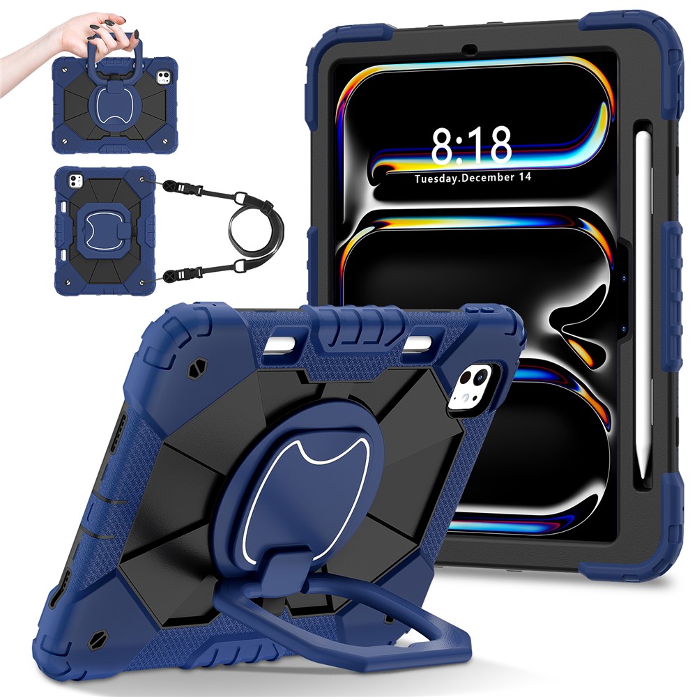 For iPad Pro 11 (2025) / 11 (2024) Kickstand Case Silicone+PC Tablet Cover with Shoulder Strap - Navy Blue / Black