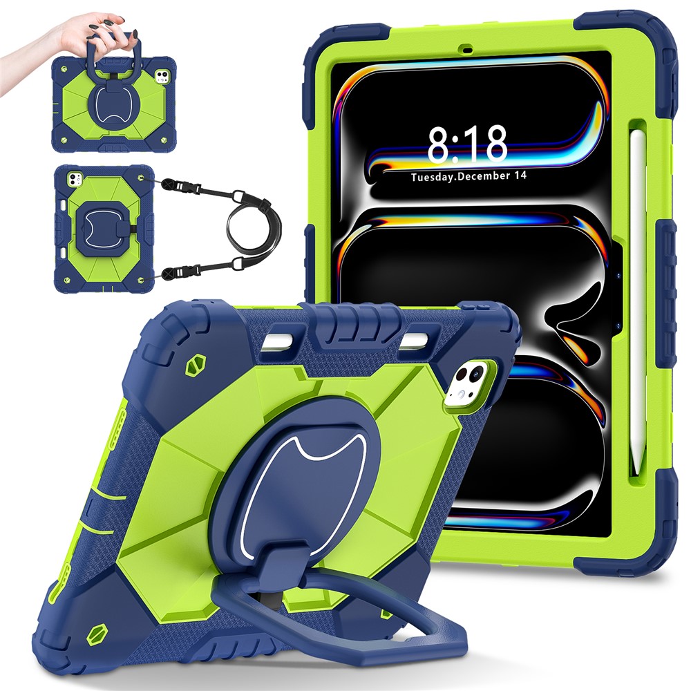 For iPad Pro 11 (2025) / 11 (2024) Kickstand Case Silicone+PC Tablet Cover with Shoulder Strap - Navy Blue / Yellowgreen