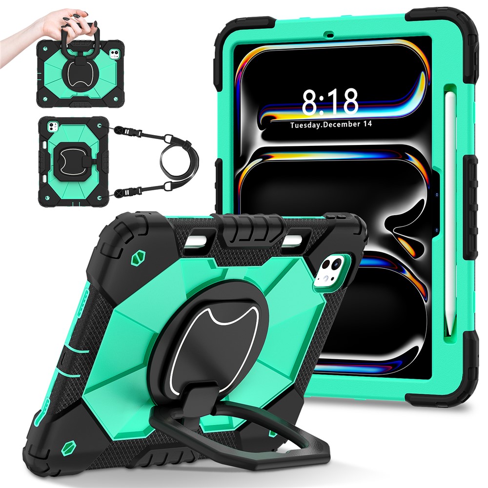 For iPad Pro 11 (2025) / 11 (2024) Kickstand Case Silicone+PC Tablet Cover with Shoulder Strap - Black / Mint Green