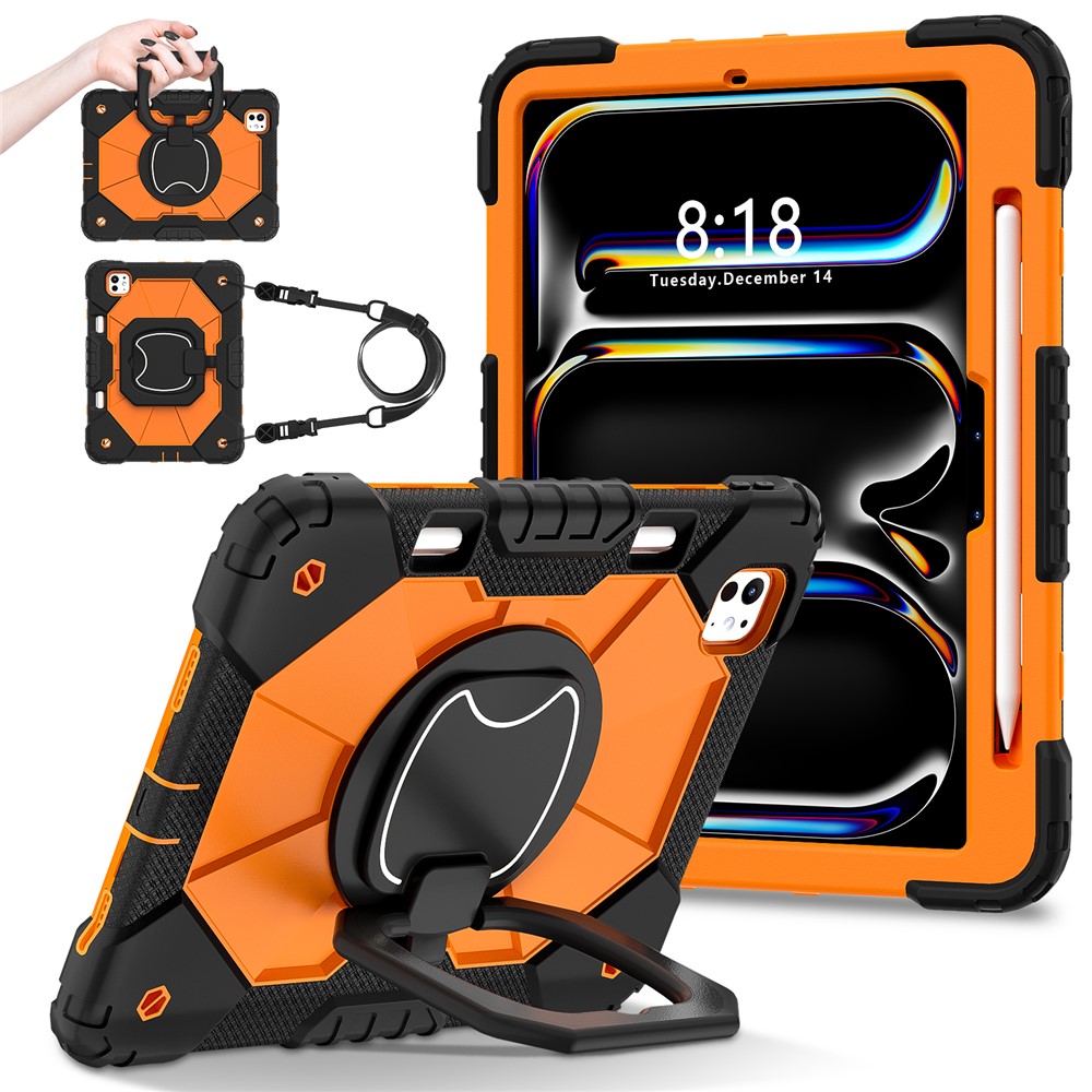For iPad Pro 11 (2025) / 11 (2024) Kickstand Case Silicone+PC Tablet Cover with Shoulder Strap - Black / Orange