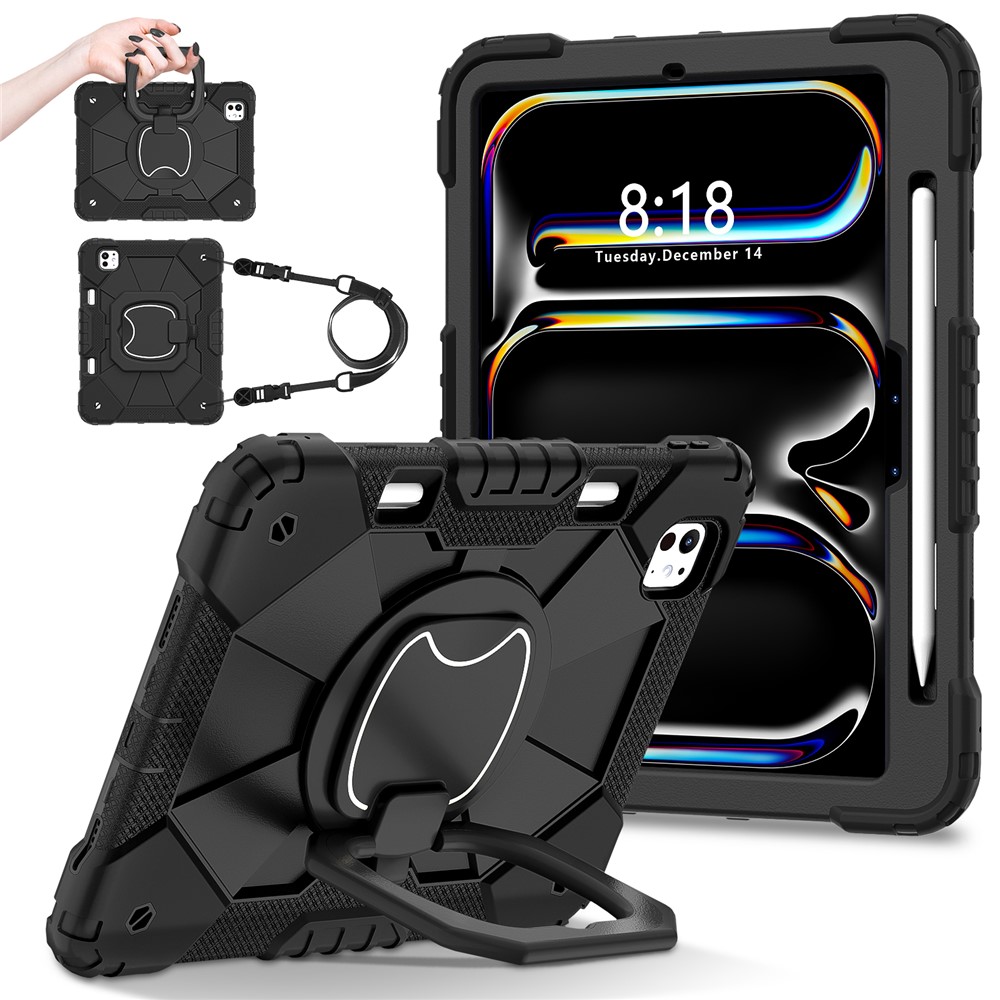 For iPad Pro 11 (2025) / 11 (2024) Kickstand Case Silicone+PC Tablet Cover with Shoulder Strap - Black