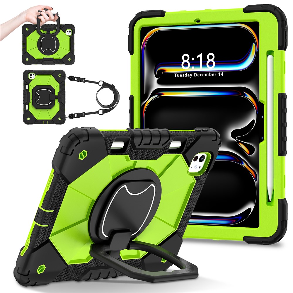 For iPad Pro 11 (2025) / 11 (2024) Kickstand Case Silicone+PC Tablet Cover with Shoulder Strap - Black / Yellowgreen