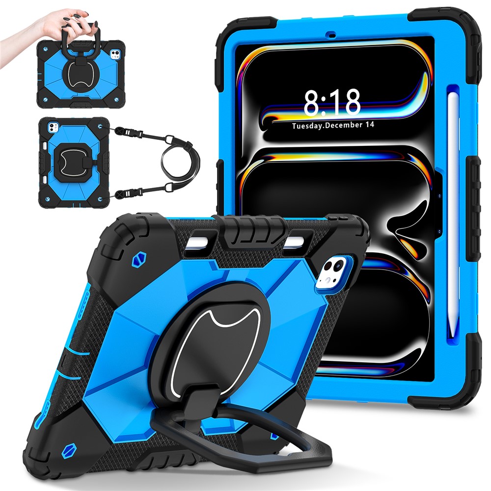 For iPad Pro 11 (2025) / 11 (2024) Kickstand Case Silicone+PC Tablet Cover with Shoulder Strap - Black / Blue