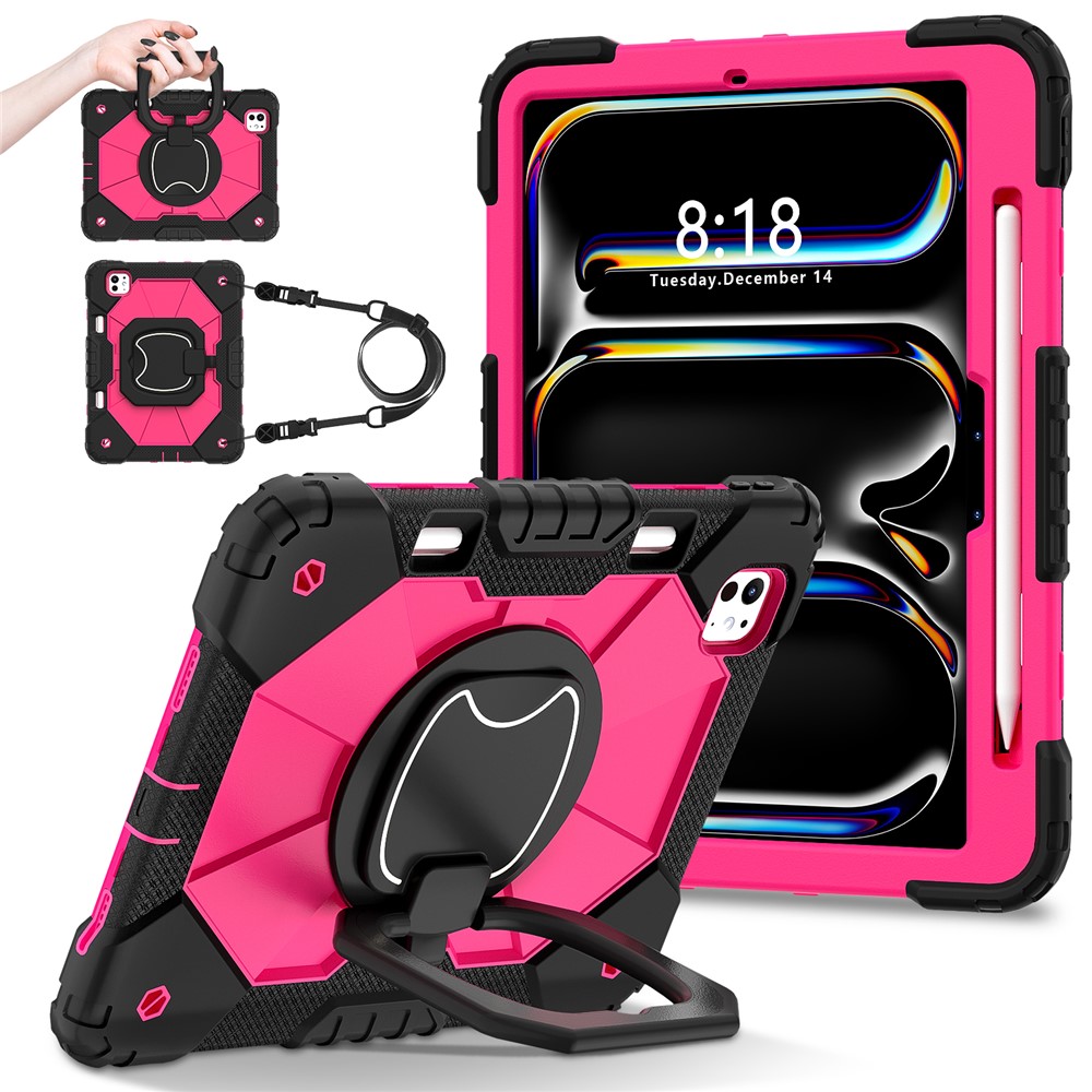 For iPad Pro 11 (2025) / 11 (2024) Kickstand Case Silicone+PC Tablet Cover with Shoulder Strap - Black / Rose