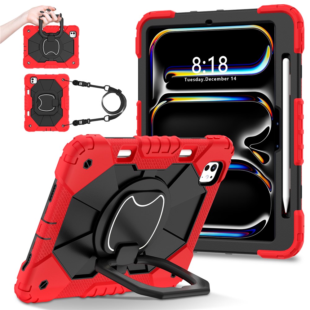For iPad Pro 11 (2025) / 11 (2024) Kickstand Case Silicone+PC Tablet Cover with Shoulder Strap - Red / Black