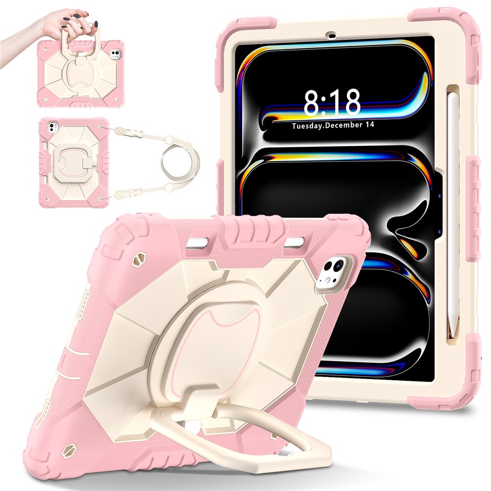 For iPad Pro 11 (2025) / 11 (2024) Kickstand Case Silicone+PC Tablet Cover with Shoulder Strap - Rose Gold