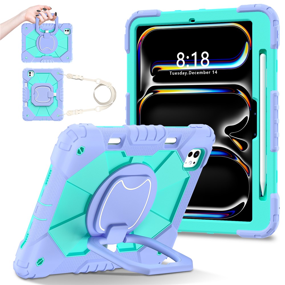 For iPad Pro 11 (2025) / 11 (2024) Kickstand Case Silicone+PC Tablet Cover with Shoulder Strap - Purple / Mint Green