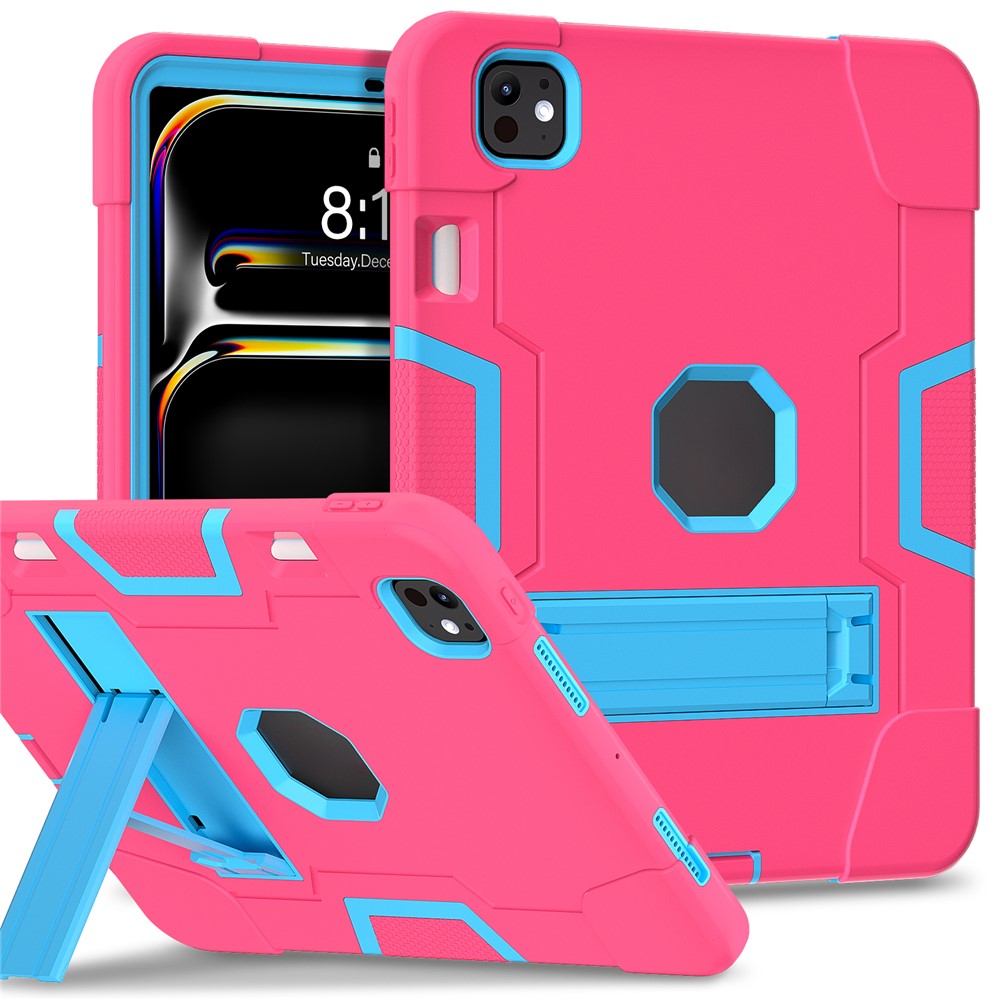 For iPad Pro 11 (2025) / 11 (2024) Case Robot Style Silicone + PC Tablet Cover with Kickstand - Rose / Blue