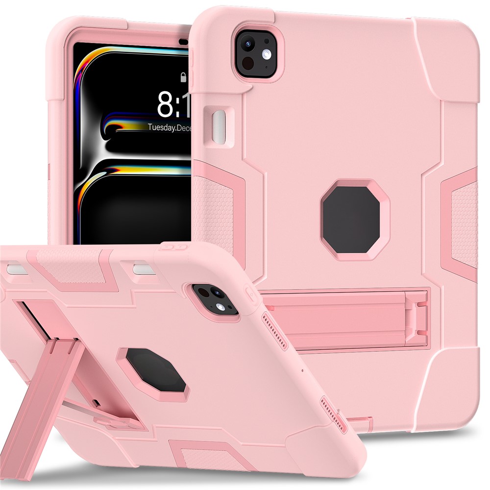 For iPad Pro 11 (2025) / 11 (2024) Case Robot Style Silicone + PC Tablet Cover with Kickstand - Rose Gold