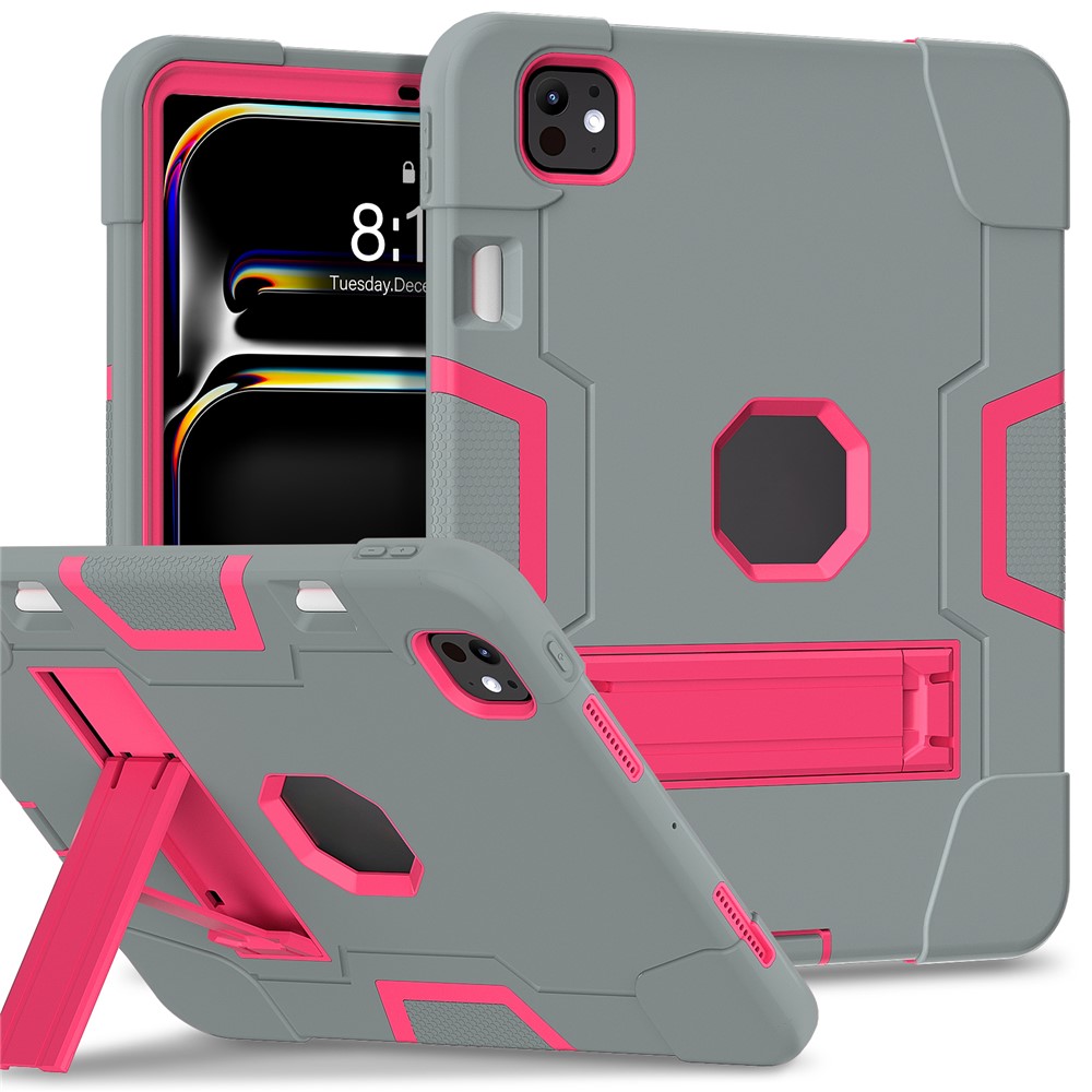 For iPad Pro 11 (2025) / 11 (2024) Case Robot Style Silicone + PC Tablet Cover with Kickstand - Grey / Rose