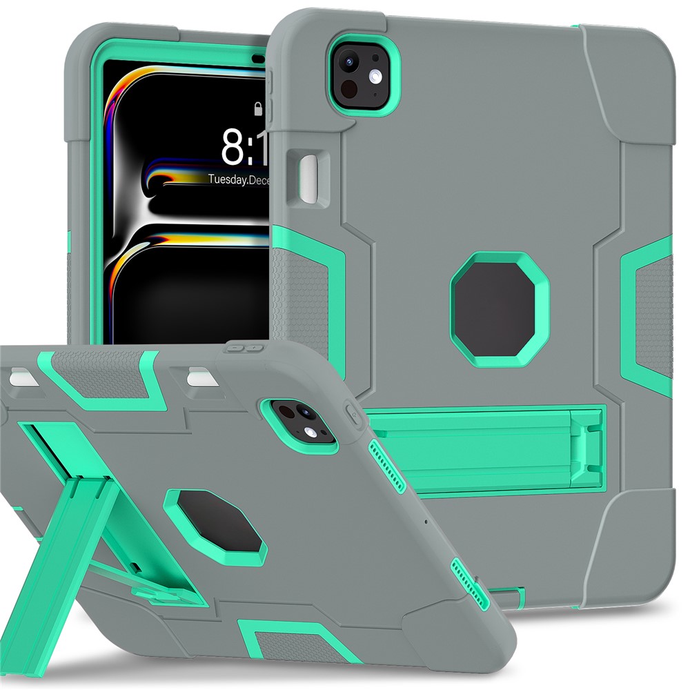 For iPad Pro 11 (2025) / 11 (2024) Case Robot Style Silicone + PC Tablet Cover with Kickstand - Grey / Mint Green