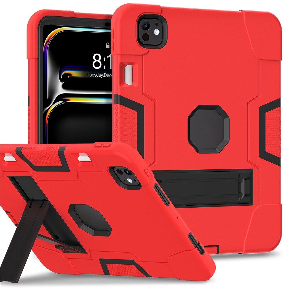 For iPad Pro 11 (2025) / 11 (2024) Case Robot Style Silicone + PC Tablet Cover with Kickstand - Red / Black