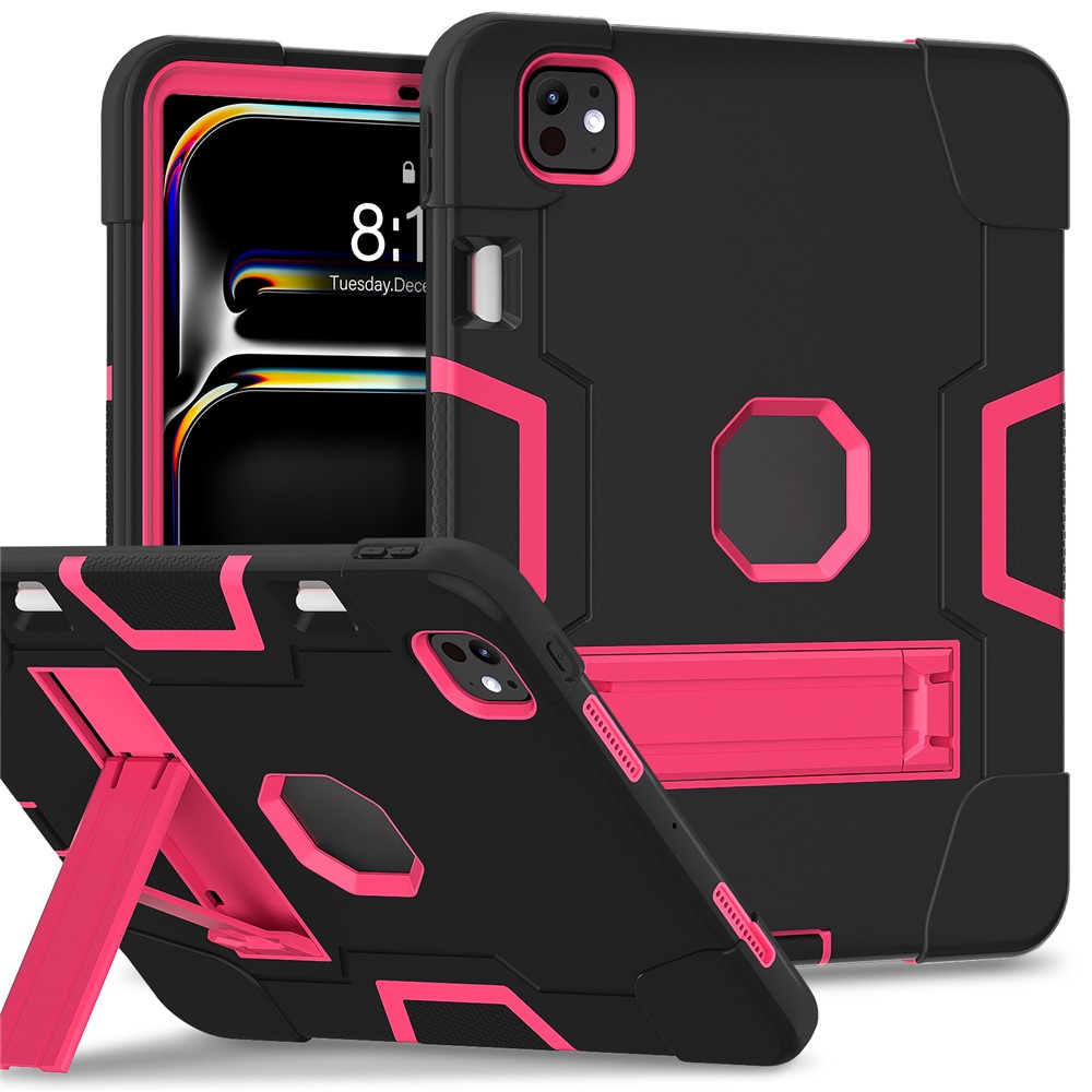 For iPad Pro 11 (2025) / 11 (2024) Case Robot Style Silicone + PC Tablet Cover with Kickstand - Black / Rose