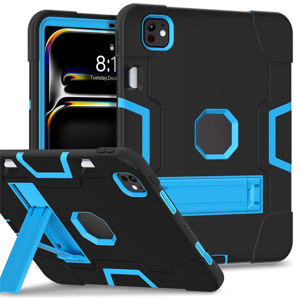 For iPad Pro 11 (2025) / 11 (2024) Case Robot Style Silicone + PC Tablet Cover with Kickstand - Black / Blue