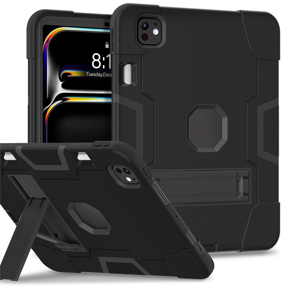 For iPad Pro 11 (2025) / 11 (2024) Case Robot Style Silicone + PC Tablet Cover with Kickstand - Black