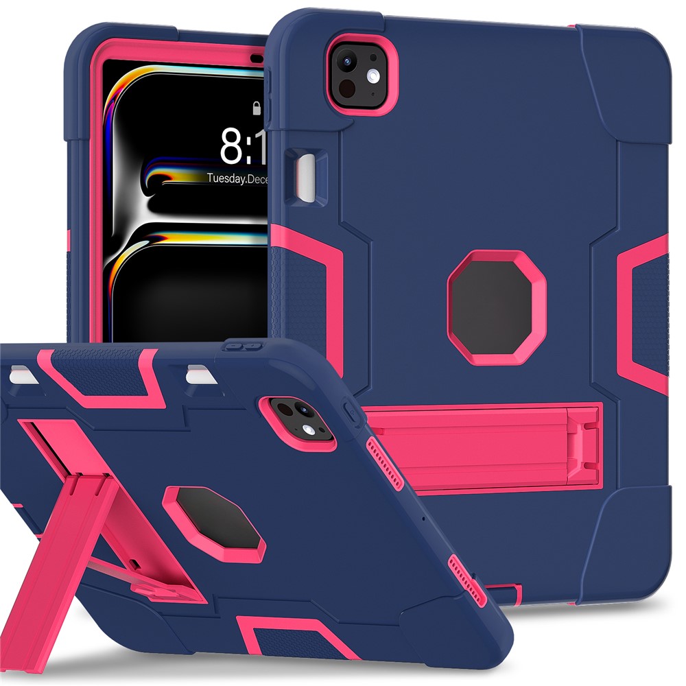 For iPad Pro 11 (2025) / 11 (2024) Case Robot Style Silicone + PC Tablet Cover with Kickstand - Navy Blue / Rose
