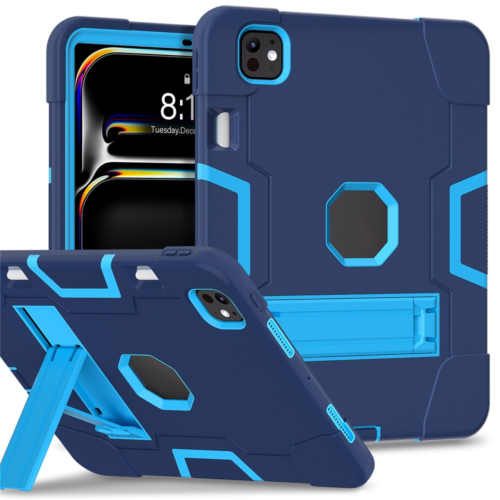 For iPad Pro 11 (2025) / 11 (2024) Case Robot Style Silicone + PC Tablet Cover with Kickstand - Navy Blue / Blue