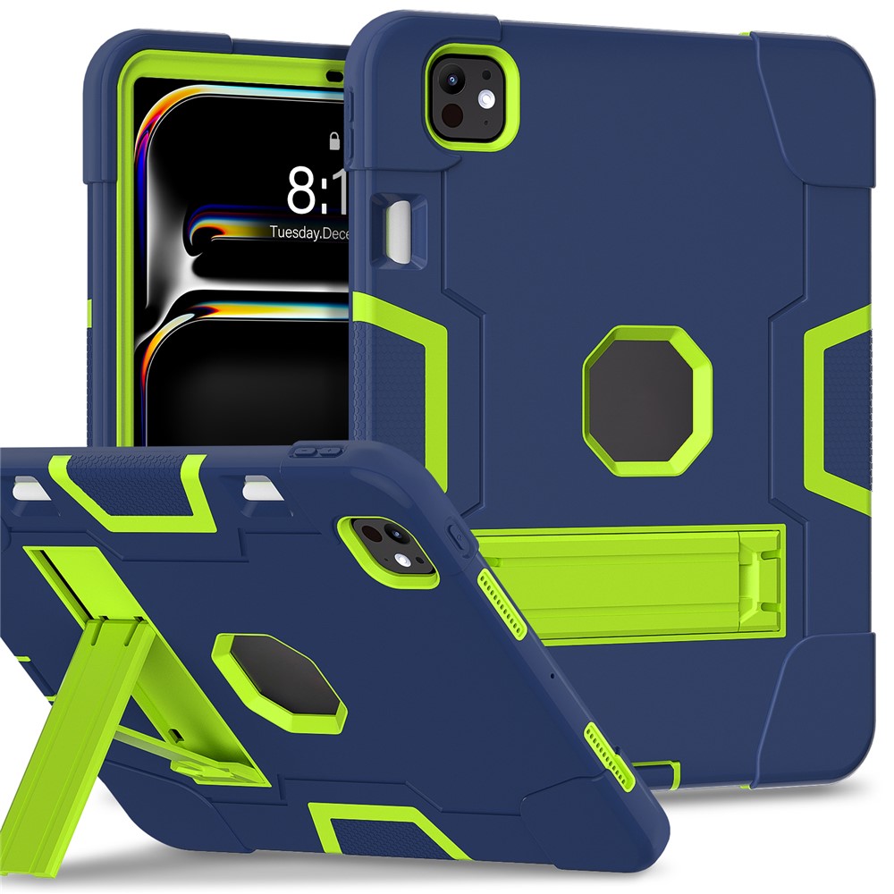 For iPad Pro 11 (2025) / 11 (2024) Case Robot Style Silicone + PC Tablet Cover with Kickstand - Navy Blue / Yellowgreen