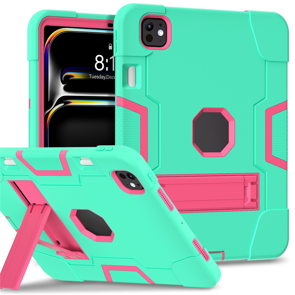 For iPad Pro 11 (2025) / 11 (2024) Case Robot Style Silicone + PC Tablet Cover with Kickstand - Mint Green / Rose