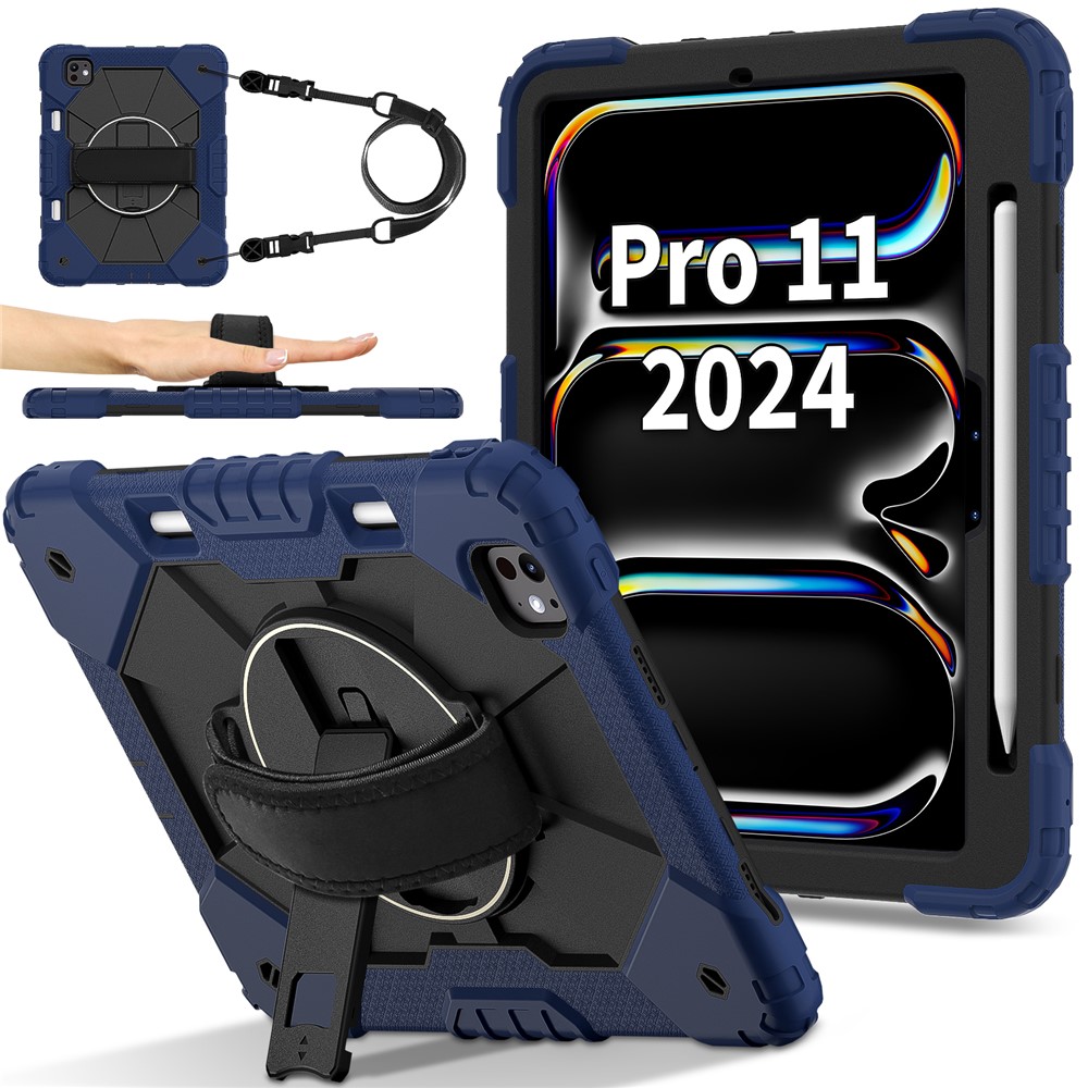 For iPad Pro 11 (2025) / 11 (2024) Case Kickstand Silicone+PC Tablet Cover with Shoulder Strap - Navy Blue+Black