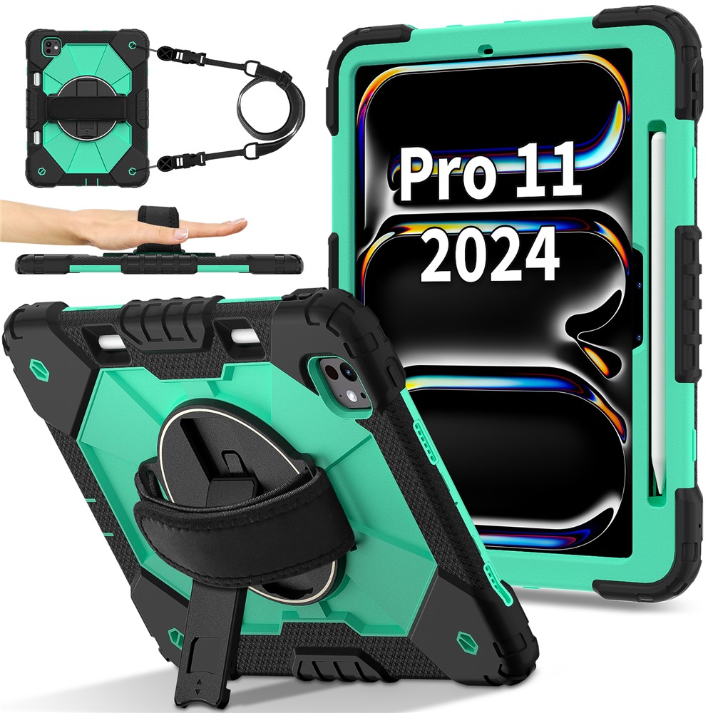 For iPad Pro 11 (2025) / 11 (2024) Case Kickstand Silicone+PC Tablet Cover with Shoulder Strap - Black+Mint Green