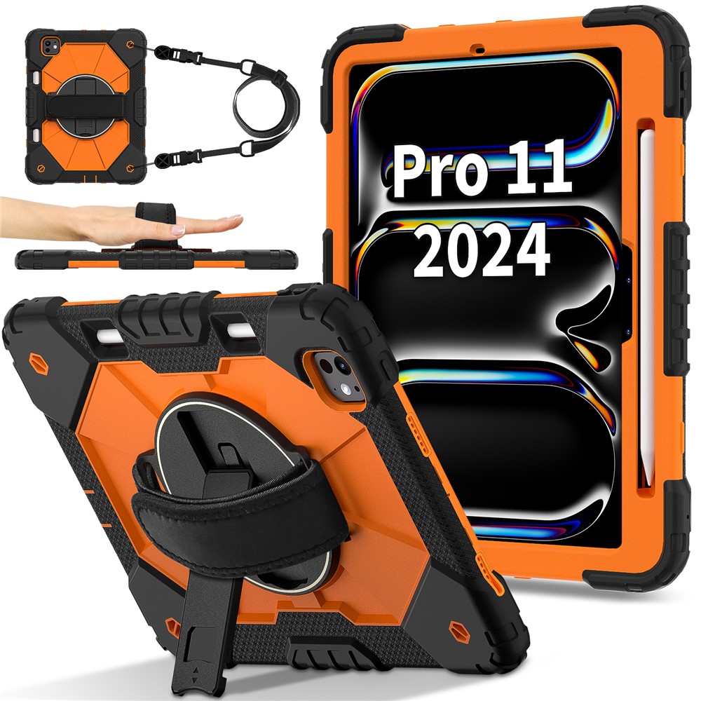 For iPad Pro 11 (2025) / 11 (2024) Case Kickstand Silicone+PC Tablet Cover with Shoulder Strap - Black+Orange