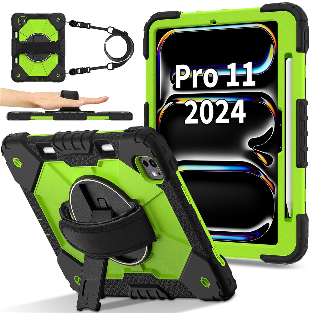 For iPad Pro 11 (2025) / 11 (2024) Case Kickstand Silicone+PC Tablet Cover with Shoulder Strap - Black+Yellowgreen