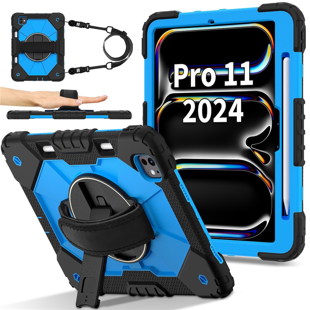 For iPad Pro 11 (2025) / 11 (2024) Case Kickstand Silicone+PC Tablet Cover with Shoulder Strap - Black+Blue