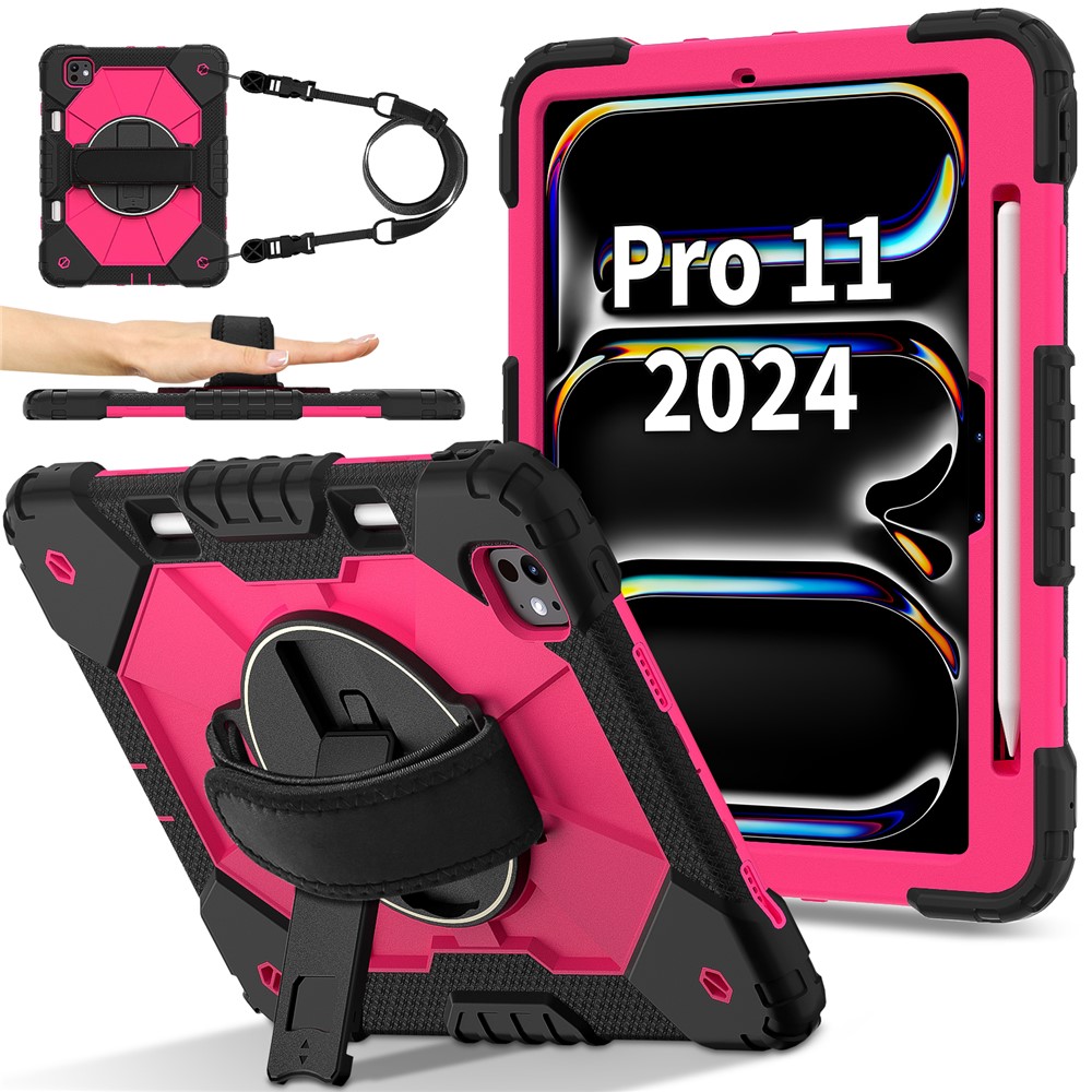 For iPad Pro 11 (2025) / 11 (2024) Case Kickstand Silicone+PC Tablet Cover with Shoulder Strap - Black+Rose
