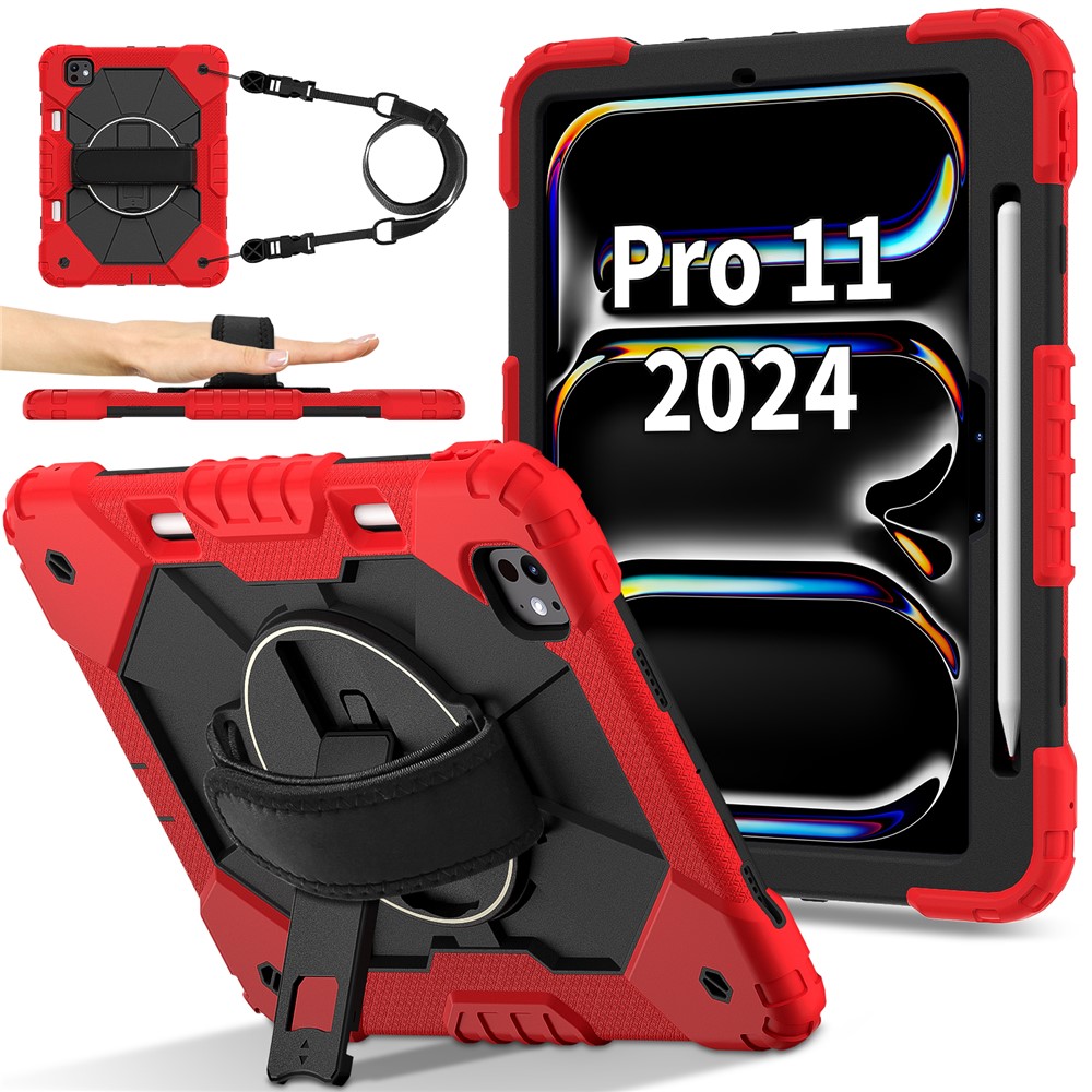 For iPad Pro 11 (2025) / 11 (2024) Case Kickstand Silicone+PC Tablet Cover with Shoulder Strap - Red+Black
