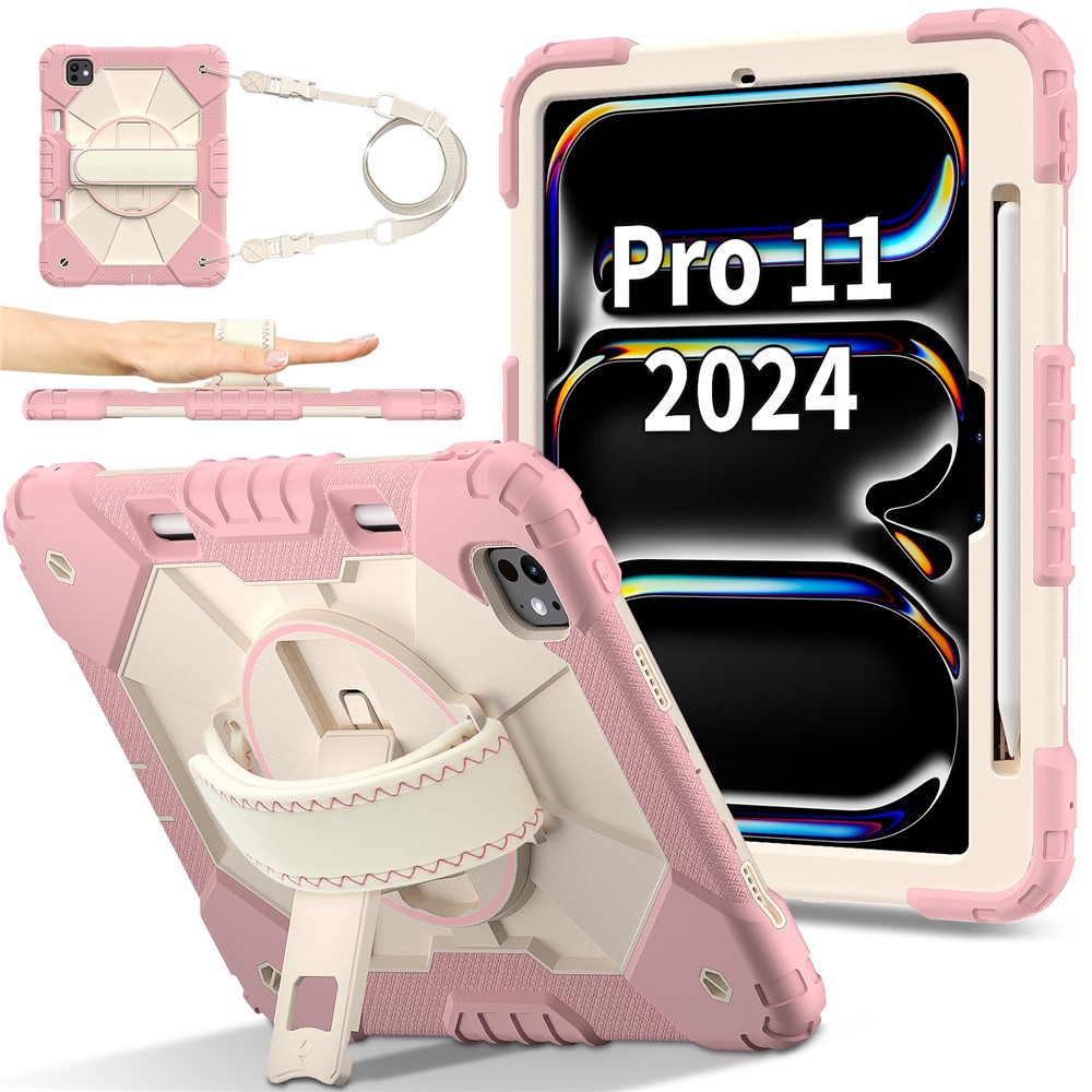 For iPad Pro 11 (2025) / 11 (2024) Case Kickstand Silicone+PC Tablet Cover with Shoulder Strap - Rose Gold