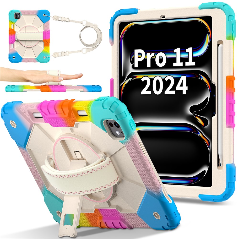 For iPad Pro 11 (2025) / 11 (2024) Case Kickstand Silicone+PC Tablet Cover with Shoulder Strap - Colorful  Blue