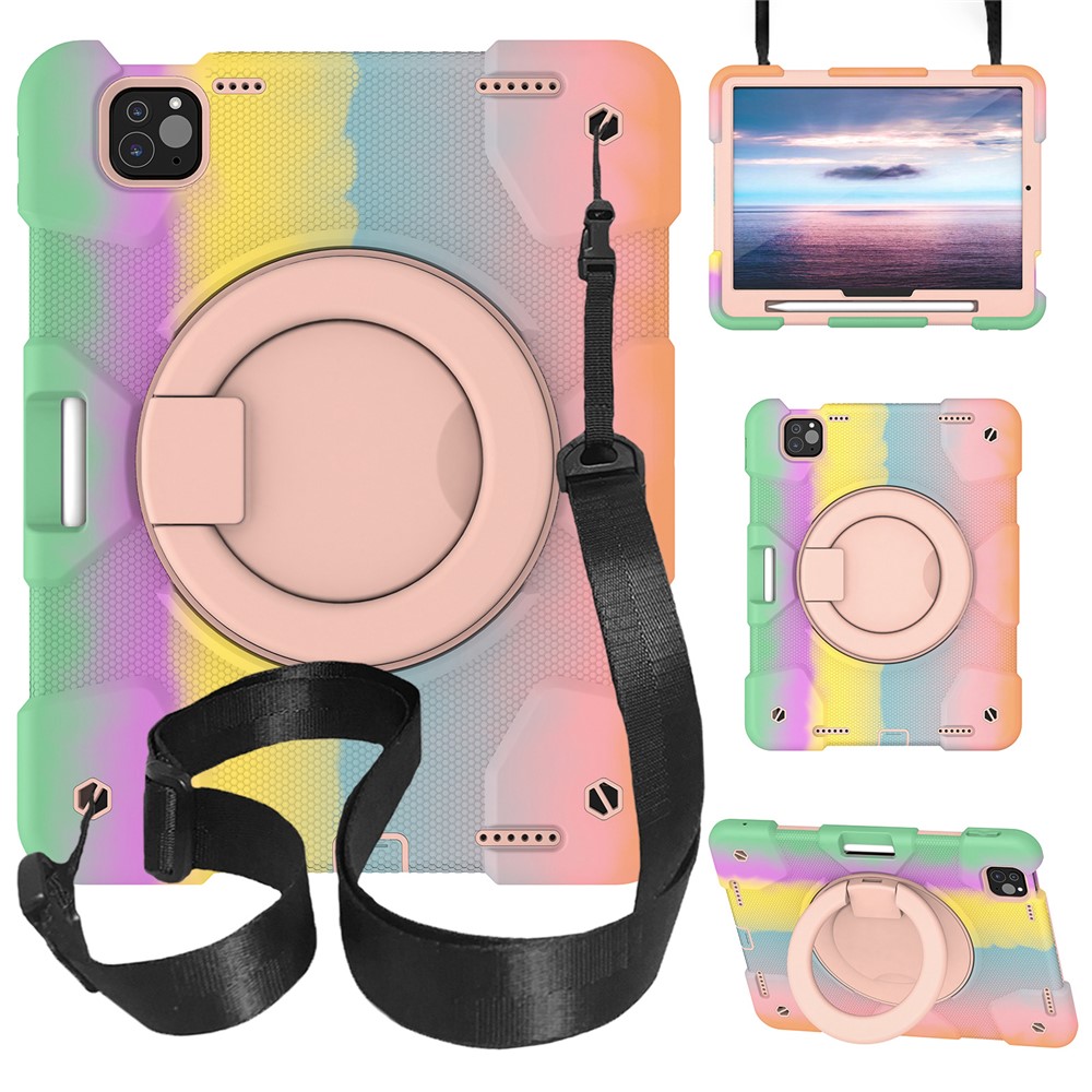 For iPad Pro 11 (2025) / 11 (2024) Case PC+Silicone Protective Tablet Cover with Shoulder Strap - Colorful Rose Gold
