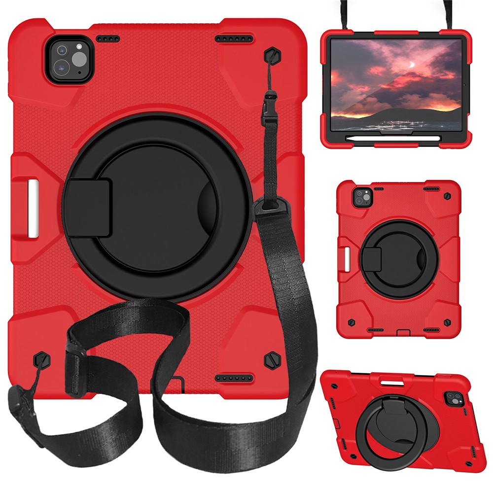 For iPad Pro 11 (2025) / 11 (2024) Case PC+Silicone Protective Tablet Cover with Shoulder Strap - Red