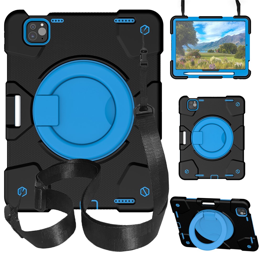 For iPad Pro 11 (2025) / 11 (2024) Case PC+Silicone Protective Tablet Cover with Shoulder Strap - Black  /  Blue