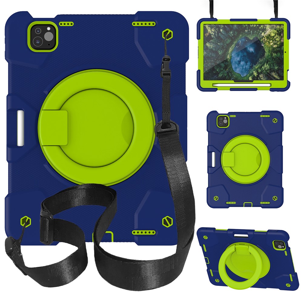 For iPad Pro 11 (2025) / 11 (2024) Case PC+Silicone Protective Tablet Cover with Shoulder Strap - Dark Blue