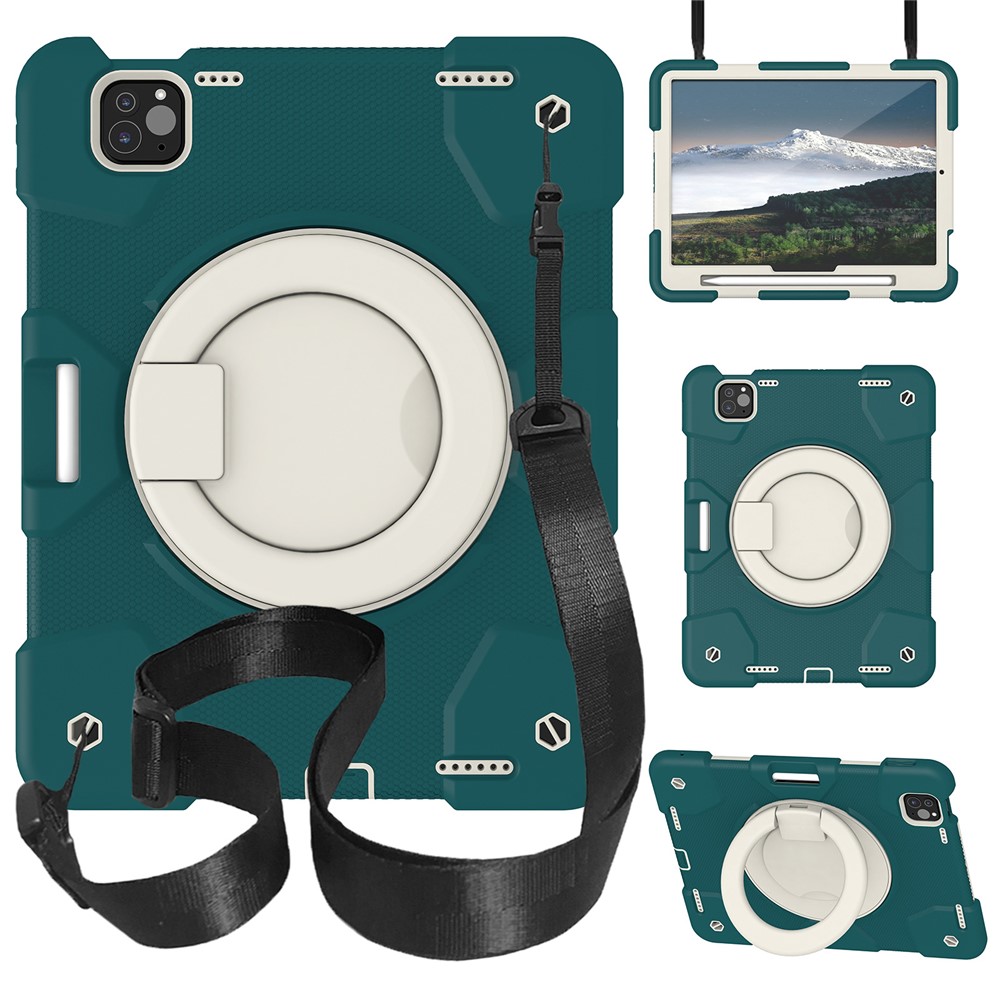 For iPad Pro 11 (2025) / 11 (2024) Case PC+Silicone Protective Tablet Cover with Shoulder Strap - Blackish Green