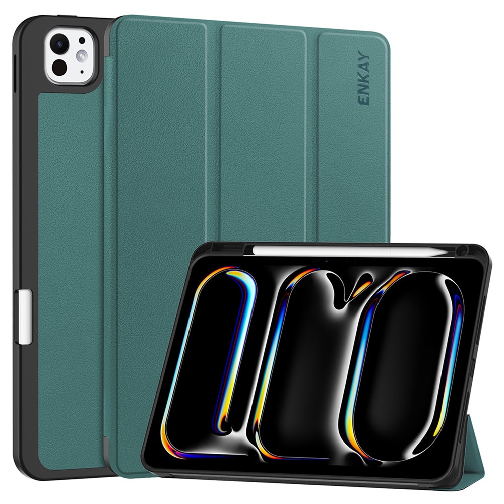 ENKAY HAT PRINCE For iPad Pro 13 (2025) / 13 (2024) Tri-fold Stand Tablet Case PU Leather+TPU Smart Cover with Pencil Holder - Blackish Green