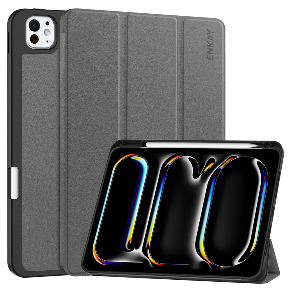 ENKAY HAT PRINCE For iPad Pro 13 (2025) / 13 (2024) Tri-fold Stand Tablet Case PU Leather+TPU Smart Cover with Pencil Holder - Grey