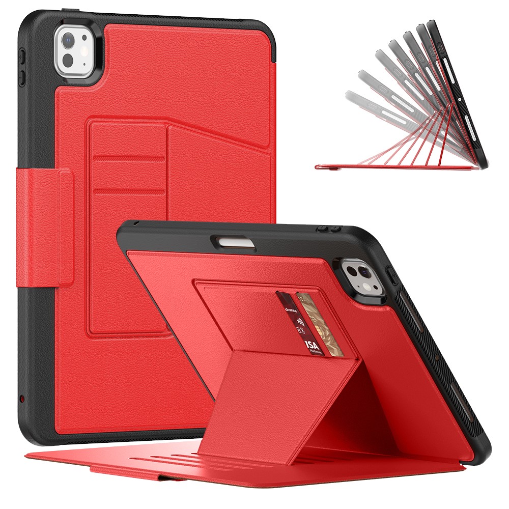 For iPad Pro 11 (2025) / 11 (2024) Style B Auto Wake / Sleep PU Leather Tablet Case Card Holder Stand Cover with Pencil Slot - Red