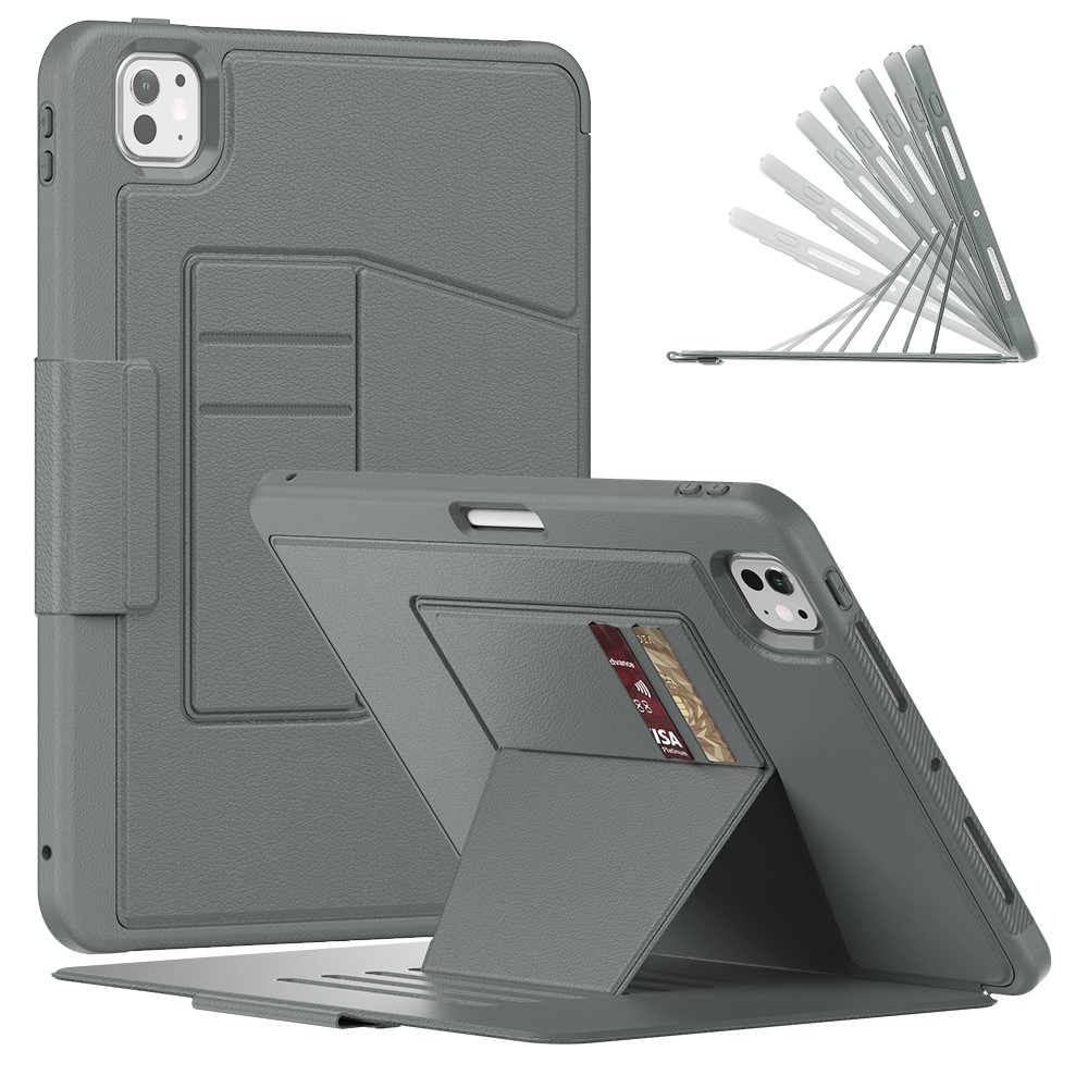 For iPad Pro 11 (2025) / 11 (2024) Style B Auto Wake / Sleep PU Leather Tablet Case Card Holder Stand Cover with Pencil Slot - Grey