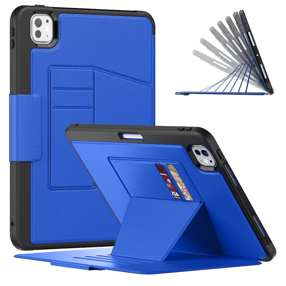 For iPad Pro 11 (2025) / 11 (2024) Style B Auto Wake / Sleep PU Leather Tablet Case Card Holder Stand Cover with Pencil Slot - Dark Blue