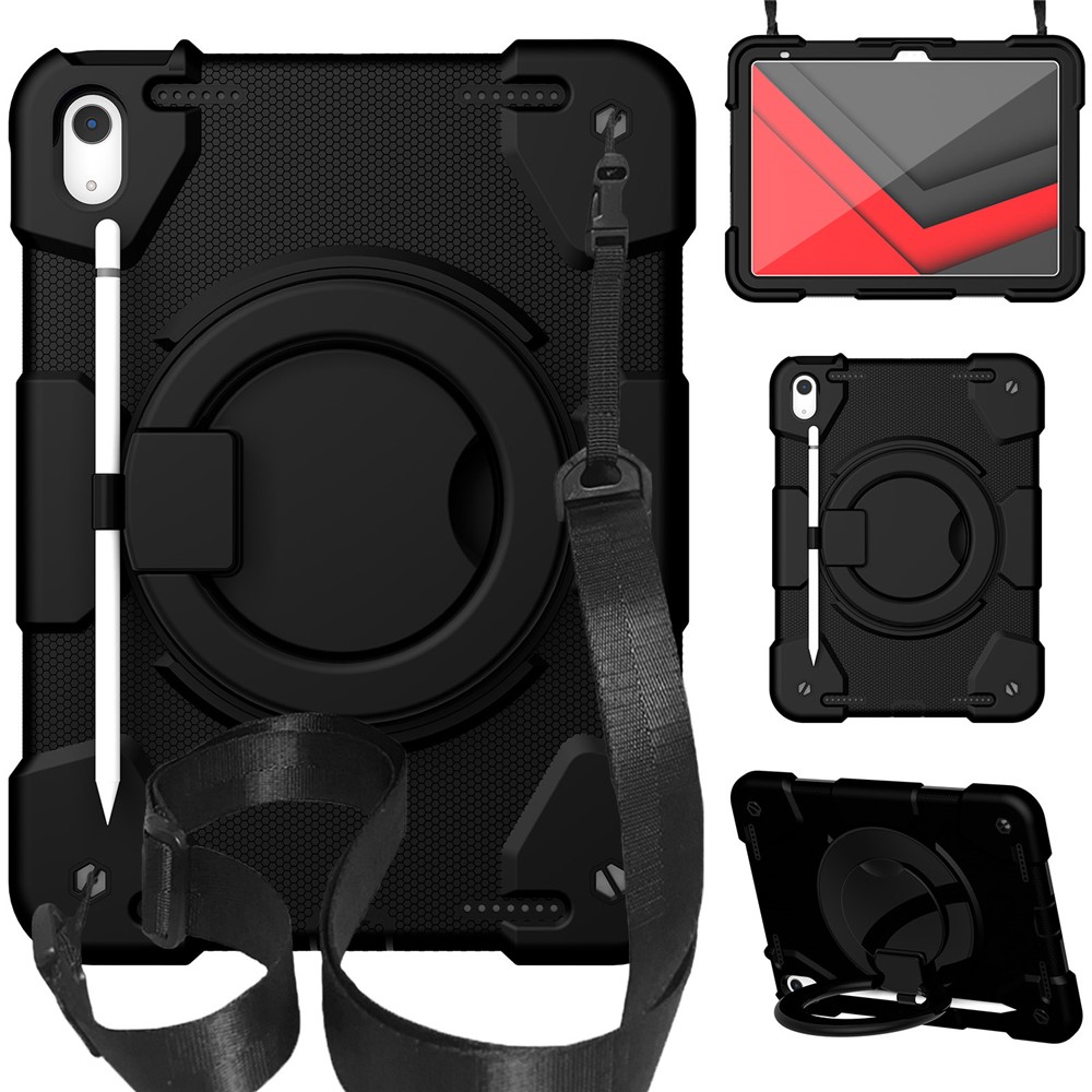 For iPad Air 11 (2025) / (2024) Protective Case PC+Silicone Tablet Cover with Shoulder Strap - Black