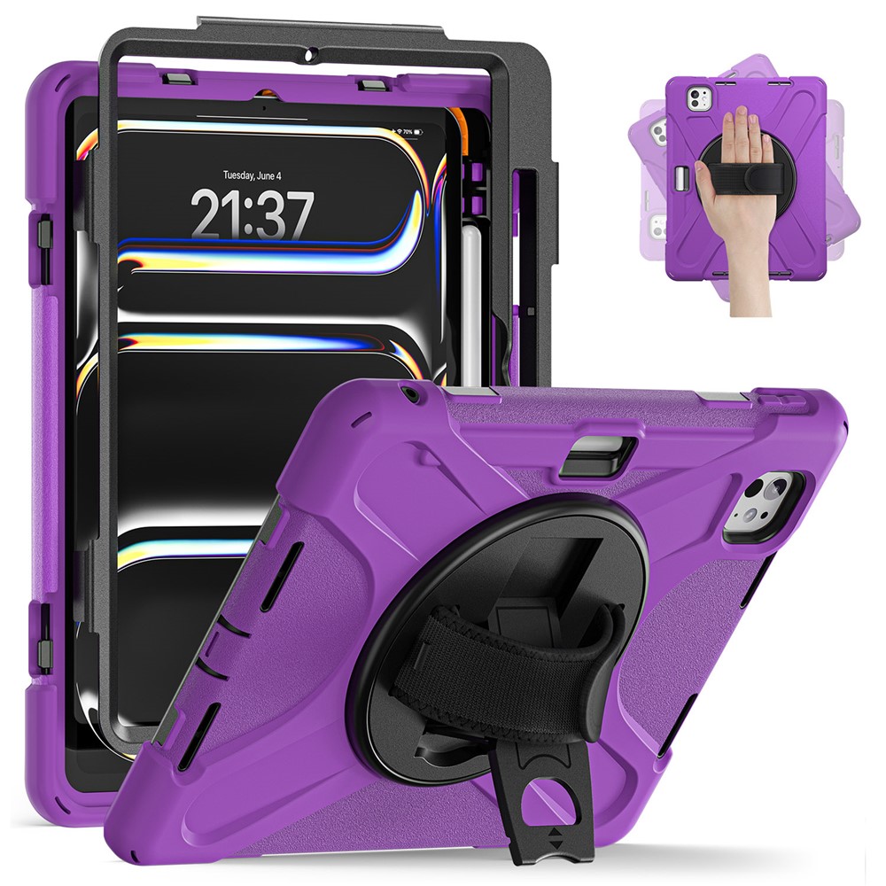 For iPad Pro 11 (2025) / 11 (2024) Case Rotary Kickstand PC+Silicone Hand Strap Tablet Cover - Purple