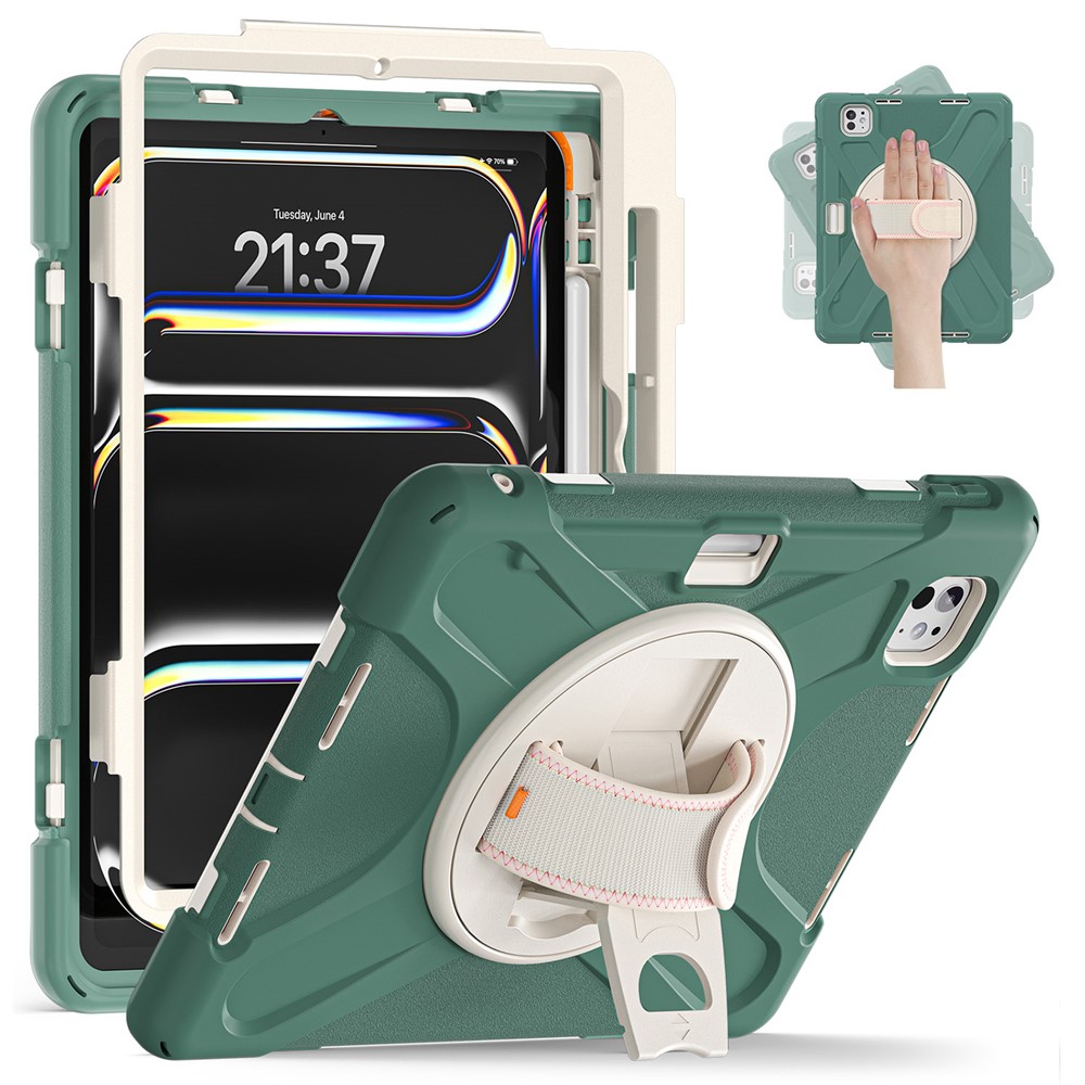For iPad Pro 11 (2025) / 11 (2024) Case Rotary Kickstand PC+Silicone Hand Strap Tablet Cover - Emerald Green
