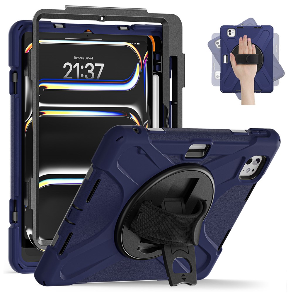 For iPad Pro 11 (2025) / 11 (2024) Case Rotary Kickstand PC+Silicone Hand Strap Tablet Cover - Navy Blue