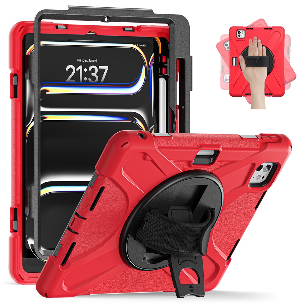 For iPad Pro 11 (2025) / 11 (2024) Case Rotary Kickstand PC+Silicone Hand Strap Tablet Cover - Red